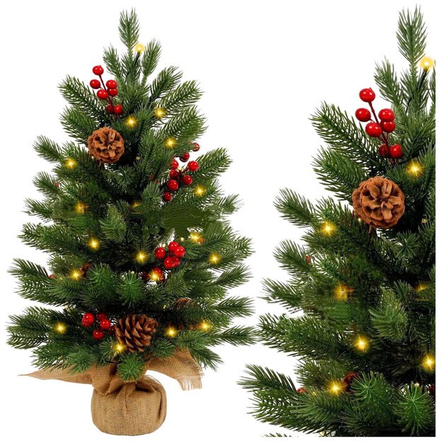 Decorative Christmas Tree, Artificial Red Rowan, LED Lights, 60 x 20 cm