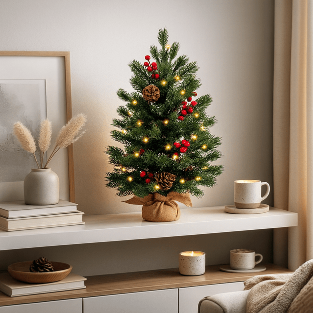 Decorative Christmas Tree, Artificial Red Rowan, LED Lights, 60 x 20 cm 3