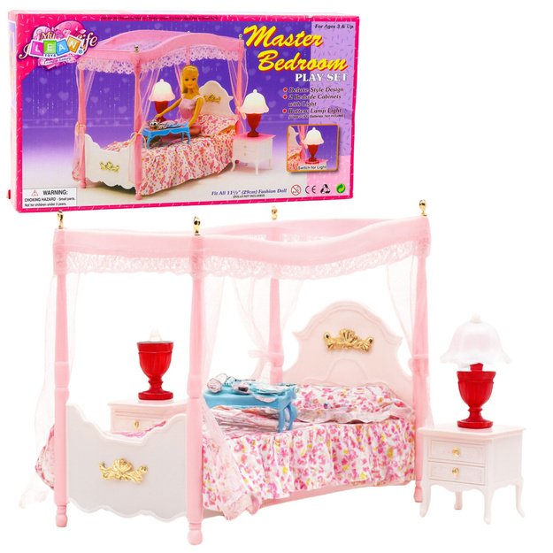 Doll Furniture Set: Canopy Bed, Nightstands, Lamps