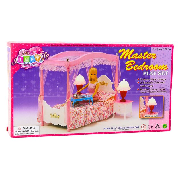 Doll Furniture Set: Canopy Bed, Nightstands, Lamps 3