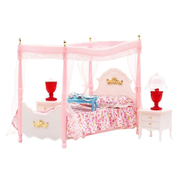 Doll Furniture Set: Canopy Bed, Nightstands, Lamps 1