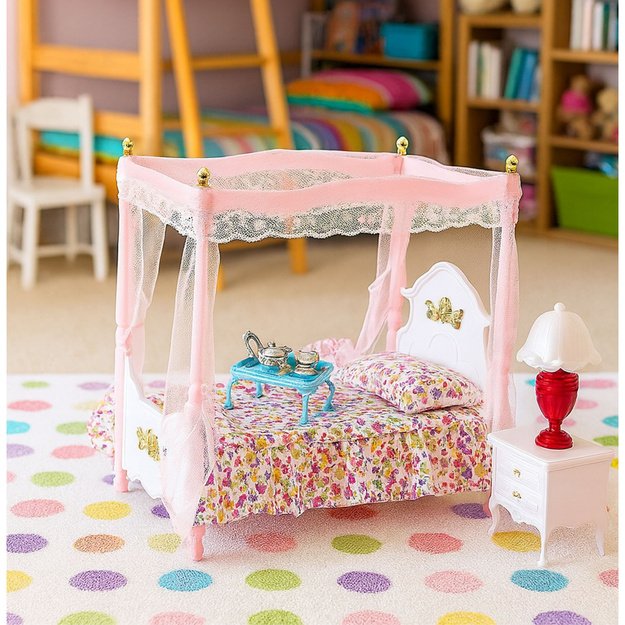 Doll Furniture Set: Canopy Bed, Nightstands, Lamps 2