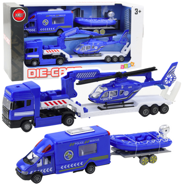Police Rescue Car Boat Truck Helicopter Blue Set