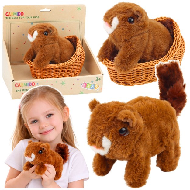 Interaktyvi pliušinė voveraitė krepšelyje su vaikščiojimo ir garso efektais, ruda