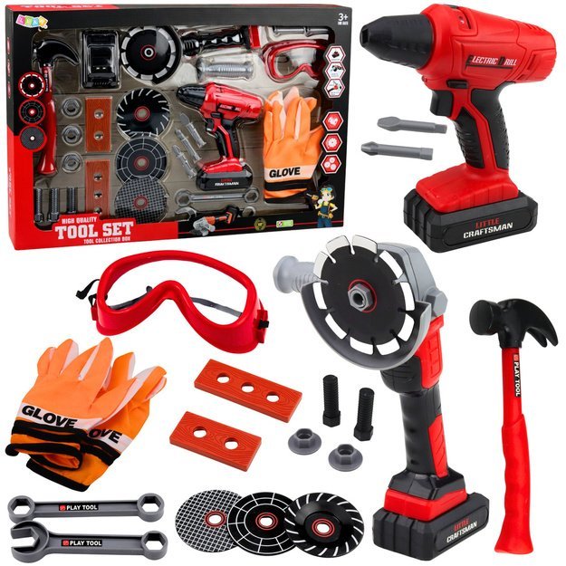 Didelis įrankių rinkinys vaikams, baterijomis maitinamas atsuktuvas, šlifuoklis, 28 vnt.