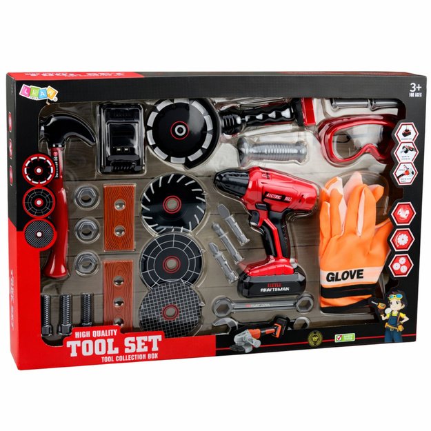 Didelis įrankių rinkinys vaikams, baterijomis maitinamas atsuktuvas, šlifuoklis, 28 vnt. 6