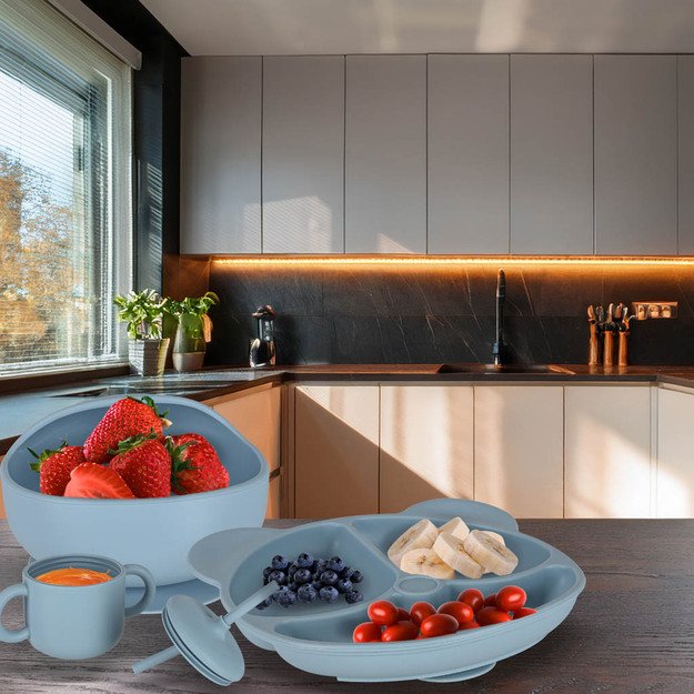 Silikoninių kūdikių indų rinkinys, 8 vnt., mėlynos spalvos