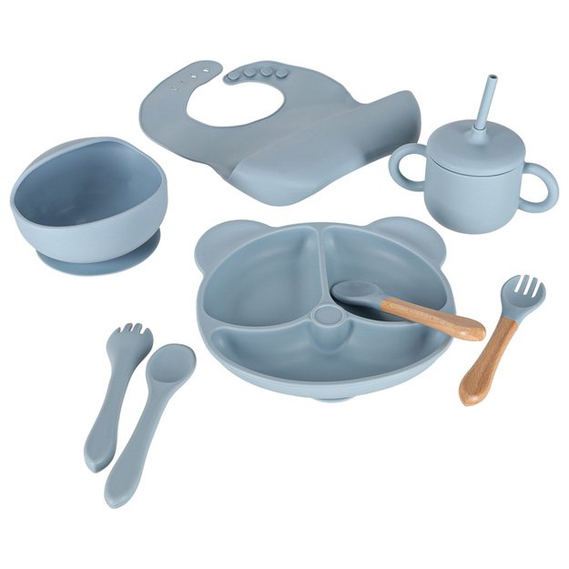 Silikoninių kūdikių indų rinkinys, 8 vnt., mėlynos spalvos