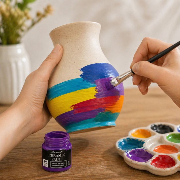 Keraminių dažų rinkinys porcelianui, stiklui, keramikai, teptukas, 12 vnt., 25 ml