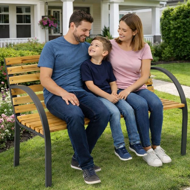 Garden Bench Wooden Metal Park Bench with Backrest