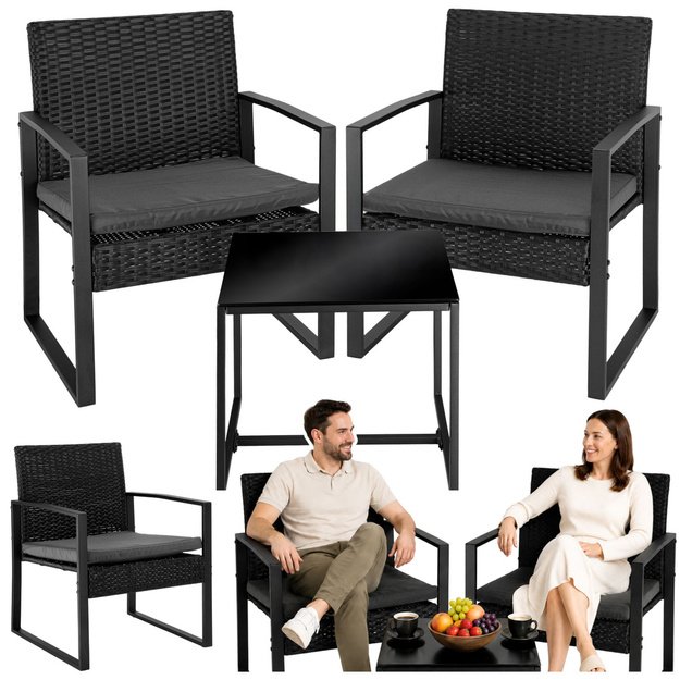 Rattan Garden Furniture Set, Two Chairs, Table, Terrace, Balcony, Black