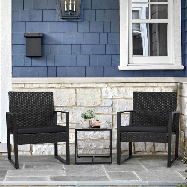 Rattan Garden Furniture Set, Two Chairs, Table, Terrace, Balcony, Black