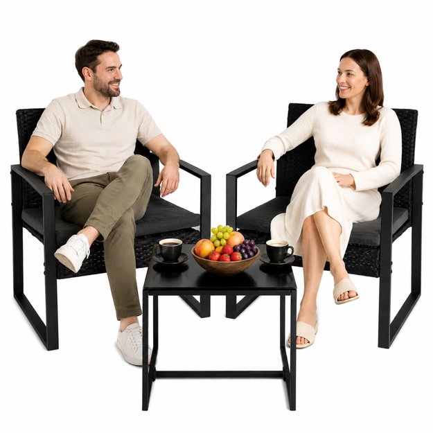 Rattan Garden Furniture Set, Two Chairs, Table, Terrace, Balcony, Black