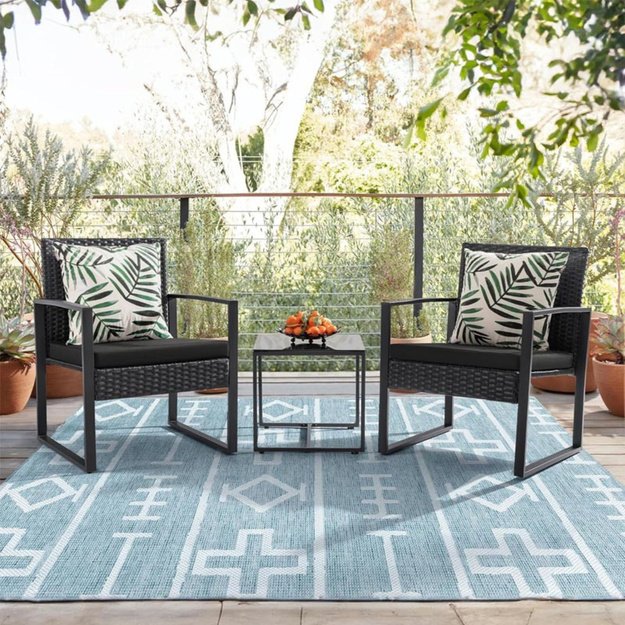 Rattan Garden Furniture Set, Two Chairs, Table, Terrace, Balcony, Black