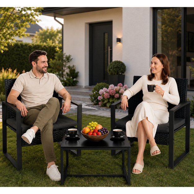 Rattan Garden Furniture Set, Two Chairs, Table, Terrace, Balcony, Black