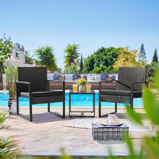 Rattan Garden Furniture Set, Two Chairs, Table, Terrace, Balcony, Black