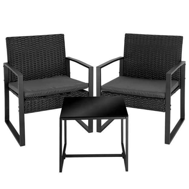 Rattan Garden Furniture Set, Two Chairs, Table, Terrace, Balcony, Black