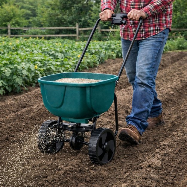 Rotary Seeder on Wheels for Fertilizing Grass Seeds Salt Sand 27L