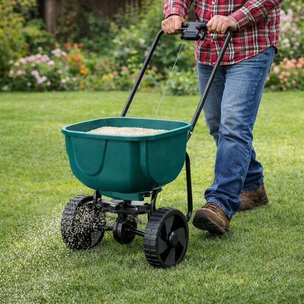 Rotary Seeder on Wheels for Fertilizing Grass Seeds Salt Sand 27L
