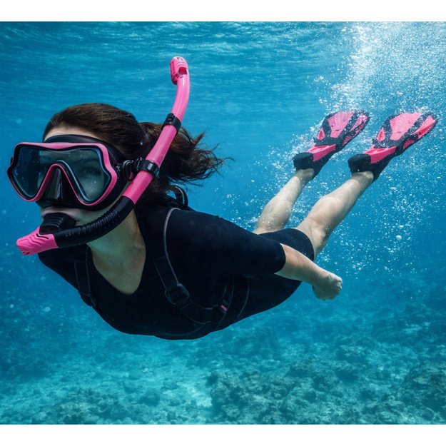 Snorkeling Set, Fins, Glasses, Snorkel, Black and Pink, S/M