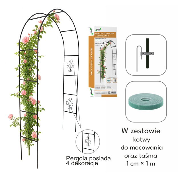 Pergola ogrodowa metalowa łuk uchwyt na r&oacute;że kwiaty pnącza 240cm zielony