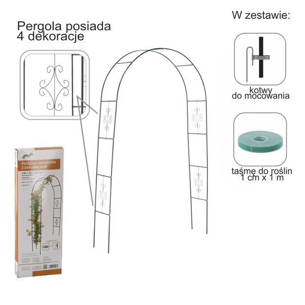 Pergola ogrodowa metalowa łuk uchwyt na r&oacute;że kwiaty pnącza 240cm zielony