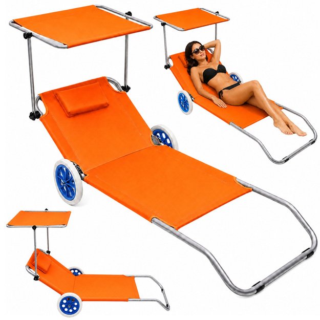 Folding Garden Beach Deckchair on Wheels with Canopy, Aluminum, Orange