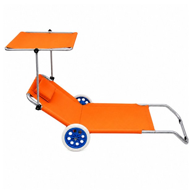 Folding Garden Beach Deckchair on Wheels with Canopy, Aluminum, Orange