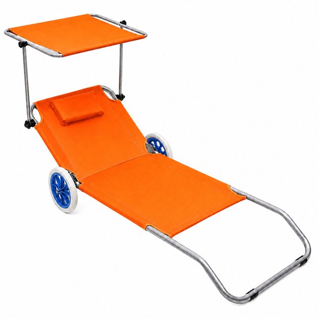 Folding Garden Beach Deckchair on Wheels with Canopy, Aluminum, Orange