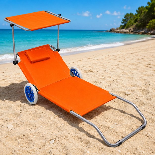 Folding Garden Beach Deckchair on Wheels with Canopy, Aluminum, Orange