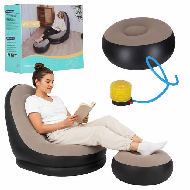Fotel z podn&oacute;żkiem wypoczynkowy dmuchany sofa pufa pompka zestaw 2w1