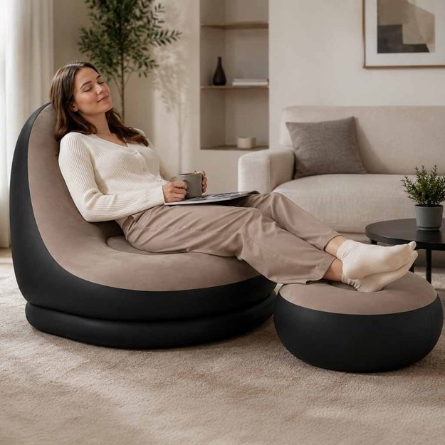 Fotel z podn&oacute;żkiem wypoczynkowy dmuchany sofa pufa pompka zestaw 2w1