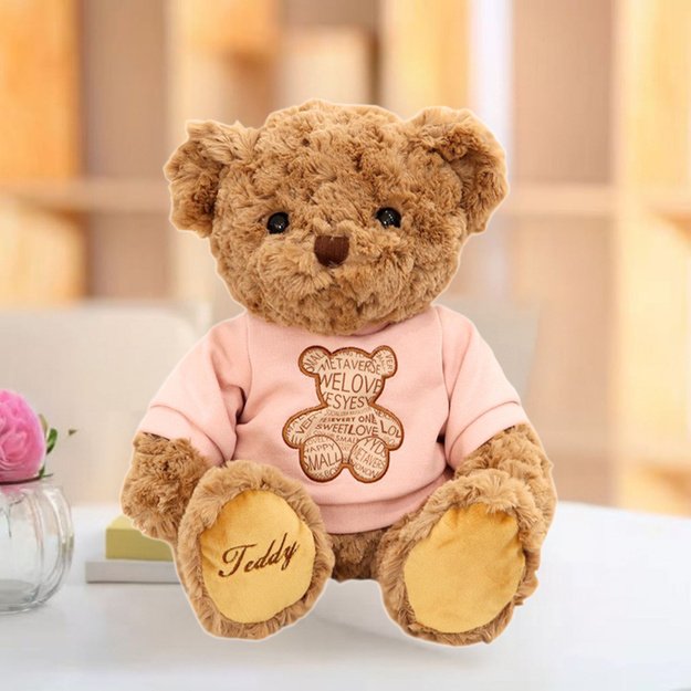 Plush Mascot Cuddly Toy Teddy Bear In Pink T-shirt Brown 30cm 1