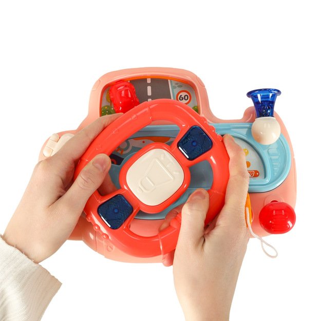 Kūdikio mažylio interaktyvus vairas į vežimėlį simuliatorius muzika skamba rausvai 6