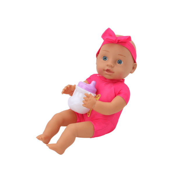 Baby doll, pink clothes, headband, feeding accessories 1
