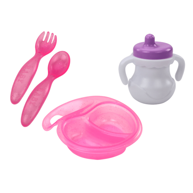 Baby doll, pink clothes, headband, feeding accessories 2