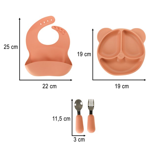 Silikoniniai vaikiški indai Meškiukas (oranžinė 4in1)