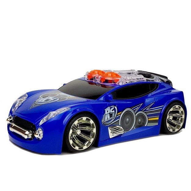 Sportinis automobilinis didžėjus su stogo garsiakalbiais, muzika, žibintais