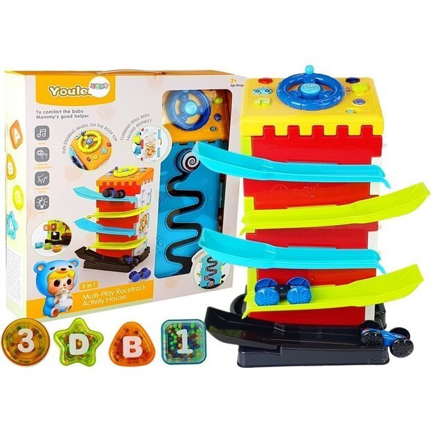 Mokomasis blokų kalnelis su automobilių rūšiuotuvu