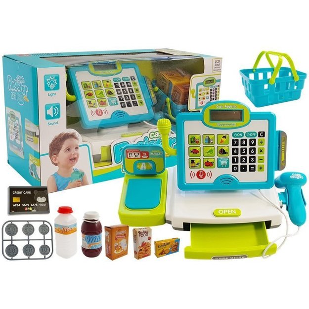 Children s cash register Blue with a basket