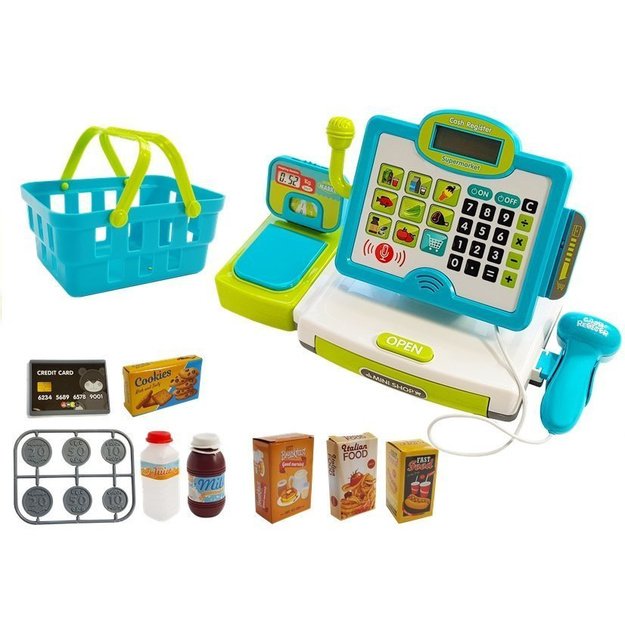 Children s cash register Blue with a basket 1