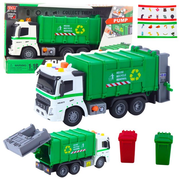 Garbage Truck Garbage Can Lights Sounds Green 1:16