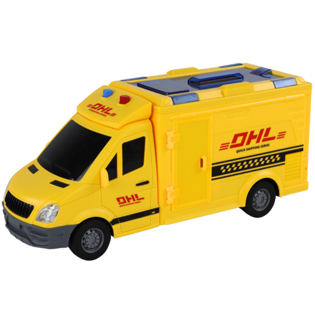 Pristatymo automobilis 1:16 Frikcinė pavara Atidaromos durys Šviesos Geltoni garsai