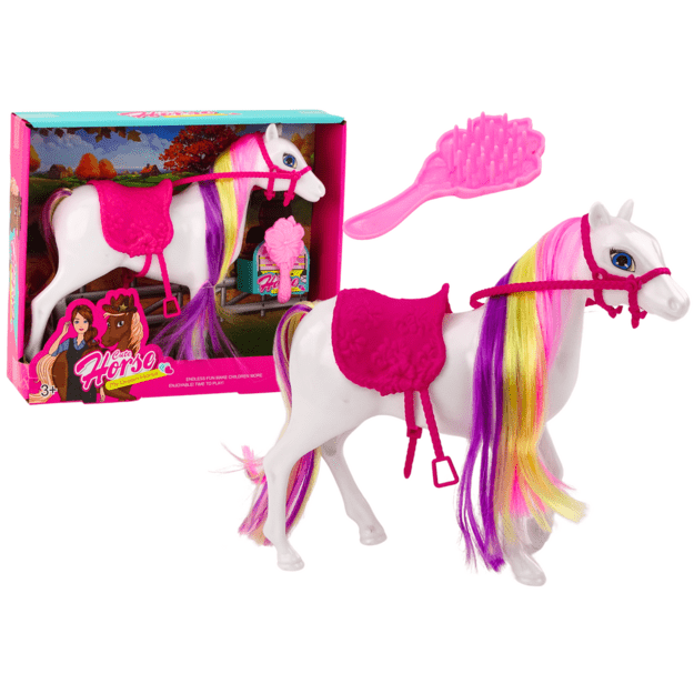 Arklio figūrėlė Baltas arklys, prižiūrintis balną, arklidė, žirgynas, ūkis, mielas arklys