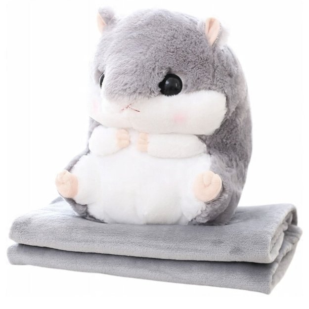 Plush Hamster Hand Warmer Blanket 190 x 100 cm 3in1 Gray 35cm 2