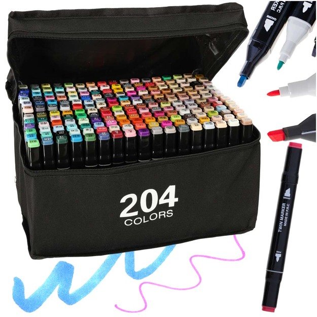 Dvipusiai spalvoti flomasteriai su dėklu 204 vnt.