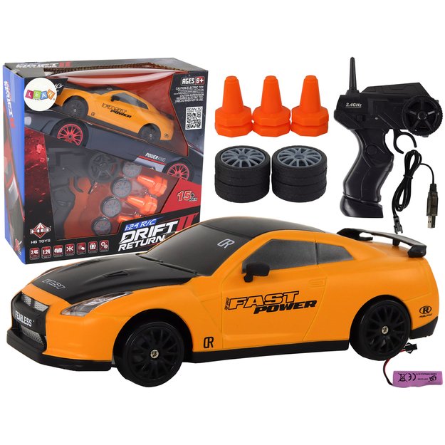 Remote Controlled Sports Car R/C 1:24 Yellow Interchangeable Wheels