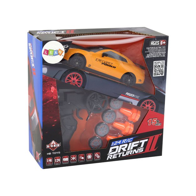 Remote Controlled Sports Car R/C 1:24 Yellow Interchangeable Wheels