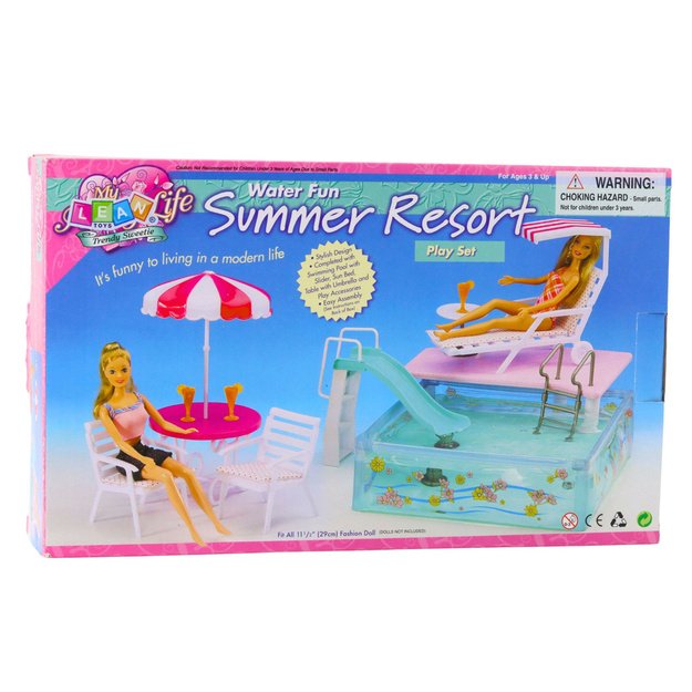 Summer Resort Doll Set with Pool, Slide, Sunbeds, and Umbrella 5