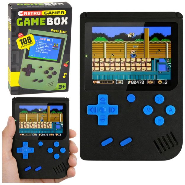 Nešiojama retro elektroninė žaidimų konsolė su 108 žaidimais, juodas